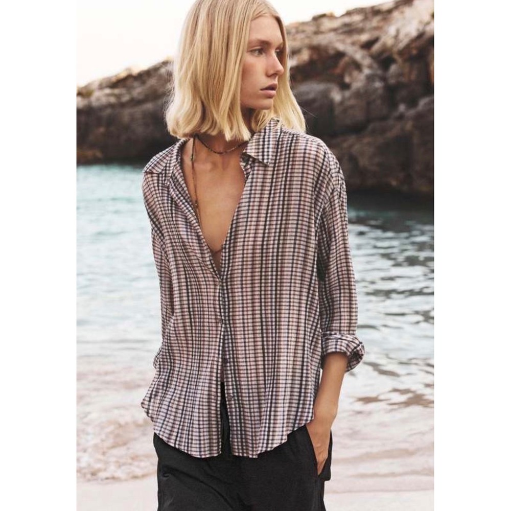 Xirena Jace Shirt Coco Shell 100% Cotton Confetti Check Plaid Print Sz XS $250